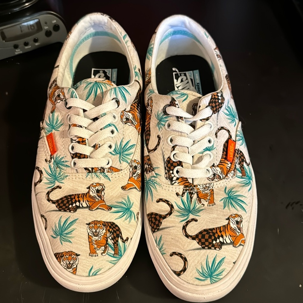 Vans White and Orange Tiger Print Sneakers